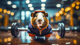 Fototapeta  - Fitness concept. Guinea pig wearing sports outfit in training gym  ,ai generated