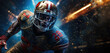 American football player in dynamic action at stadium with lights in the background. Team spirit, overcoming, equality and tolerance concept in the sport. Copy space for text, banner or design