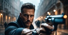 Gangster Aimed Gun At Camera. A Thief Pointing Gun At Target. Shallow Depth Of Focus Action Portrait Of Serious And Attractive Hitman Detective Or Special Agent Man In Shirt And Jacket Holding Handgun