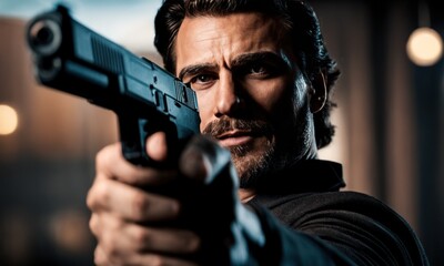 Gangster aimed gun at camera. A thief pointing gun at target. Shallow depth of focus action portrait of serious and attractive hitman detective or special agent man in shirt and jacket holding handgun