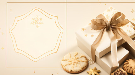 Wall Mural - Warm card or flyer in beige and gold hues, featuring a cookie box adorned with a golden ribbon and Christmas ornaments. Graphic frame offers text space.