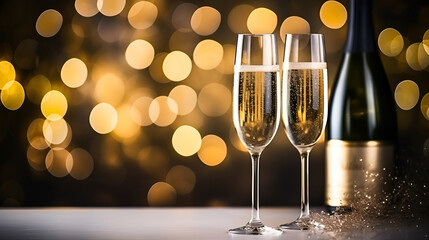 .Two glasses of champagne on a background of festive New Year and Christmas bokeh lights with Christmas decorations. Copy space. New Year celebration concept.