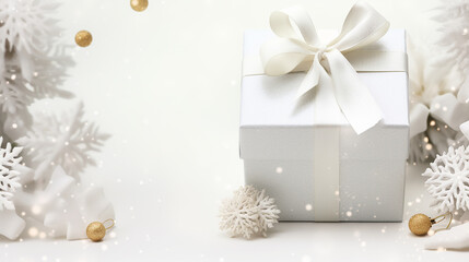 Wall Mural - Festive white monochrome Christmas and New Year background with a gift elegantly wrapped in a white bow. Christmas tree decorations and snowflakes on a light background with copy space for text