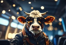 Cow Become Pilot, Wearing Glasses And Hat, Inside Plane