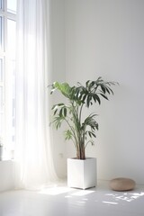 Wall Mural - Clean white room with a tall simple plant in one corner for depth AI generated illustration