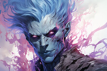 Vampire, Male Ghoul, Bloodsucker. Colorful Illustration In Blue And Purple Tones. Animated Dead Man With Burning Eyes, A Negative Character.