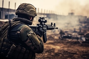 military uniform soldier holds a gun