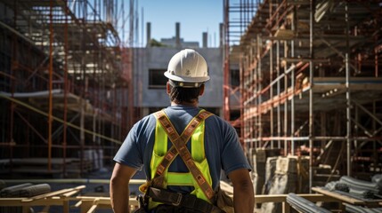 engineer, donned in a safety helmet and reflective vest, stands in the warehouse.