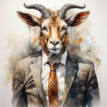 Business Watercolors Of A Racing Goat In Elegant Suits