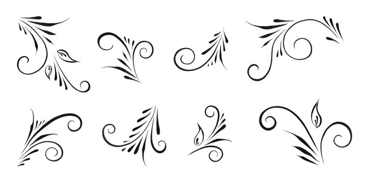 Set of decorative element curls on a white background. Watercolor ready-to-assemble styles, patterns, decorations, designs. Decorative elements for the menu, diploma certificate, wedding invitation. 