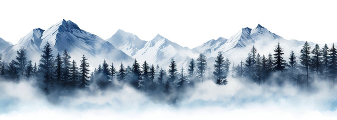 Wall Mural - Winter scene with snow-covered mountain tops, cut out