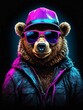 Fashion portrait of a grizzly bear wearing a pink cap and sunglasses. Brown bear in hat and hoodie, jacket, t-shirt design of colorful bear and brown hairs cool bear, trendy bear, funky bear