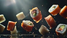 Flying Pieces Of Sushi Rolls On A Black Background Close-up. Traditional Japanese Cuisine