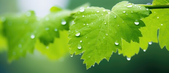 In the midst of a lush natural setting, a beautiful photo of a green leaf is captured, showcasing its fresh and vibrant hues in a macro shot with a blurred, defocused background, creating a blurry