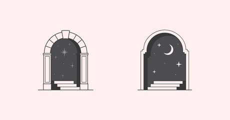 Wall Mural - Vector mystic logo design templates with portals,steps,night,stars,crescent moon.Surreal abstract illustrations with moroccan arch.Magical emblem in oriental style.Branding design templates.