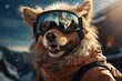 © Irina Mikhailichenko - Dog wearing ski goggles relaxing in the mountain.