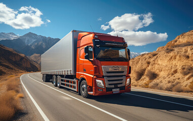 Wall Mural - A lorry is high speed driving on a highway outside the city, fields around