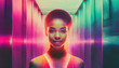 © Niko - Black woman in vibrant pink clothing poses in a futuristic corridor, illuminated by iridescent neon lights.