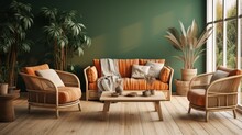 Interior Modern Bright Interiors Living Room Mockup Illustration. Elegant Minimalist Green Living Room.