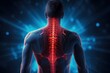 an illuminated backbone on a young man using technology to detect injury in the skeletal muscular health-themed, horizontal format of realistic illustration in JPG. Generative ai