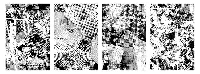 Punk grunge distressed poster backgrounds. Overlay poster texture with splatters, scratches, rough halftone pattern. Cyber grange contemporary surface for banners, flyers, templates. Vector illustrati