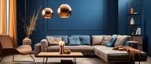 Interior Of Modern Living Room With Blue Wall And Sofa. Elegant Minimalist Blue Living Room.