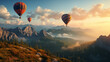 Landscape of hot air balloons flying over the mountains as sunlight is falling