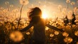 girl in the sunset with dandelions