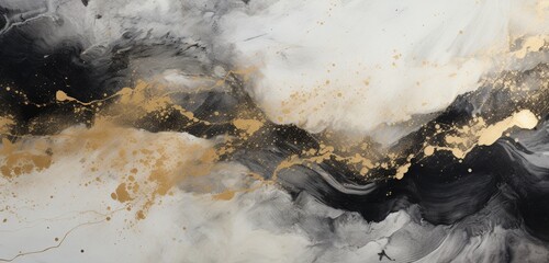 Wall Mural - Immerse yourself in the artistry of marble flow blot painting, blending watercolor and acrylic in gold, beige, and black hues, creating a textured canvas background with a horizontal texture.