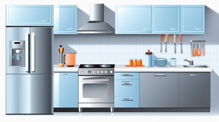 Wall Mural - Modern kitchen with fridge, oven and cooking utensils. Modern apartment big kitchen. generative ai