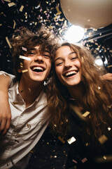 Two young teenagers boy and girl are laughing and joyful dancing at a New Year's Eve party