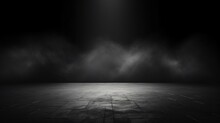 Abstract Image Of Dark Room Concrete Floor. Black Room Or Stage Background For Product Placement.Panoramic View Of The Abstract Fog. White Cloudiness, Mist Or Smog Moves On Black Background.