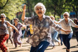 Elderly women dancing in park. Happy square dance senior people. Outdoor physical activity for grandparents