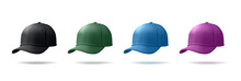 Set Of Multi-colored Caps, Baseball Caps, 3D. For Company Branding, Sports, Lifestyle, Sun Protection. Vector