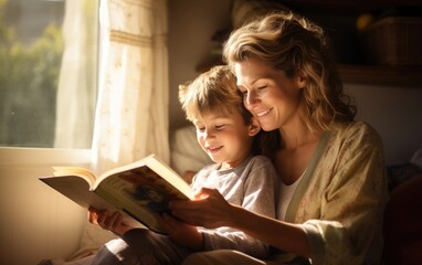 Canvas Print - A mother is reading a children's book to her son in a cozy, warm setting