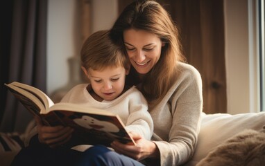 Wall Mural - A mother is reading a children's book to her son in a cozy, warm setting