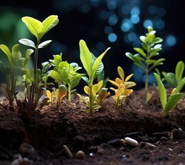 Poster - A close up of a bunch of plants in dirt. Generative AI.