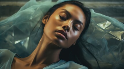 Poster - A woman laying down with her eyes closed. Generative AI.