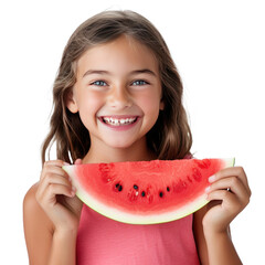 Portrait of a young Caucasian girl smiling and holding a watermelon slice, transparent background (PNG)