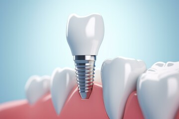 Wall Mural - A dental implant with a tooth on top, depicted in sky-blue. Generative AI.