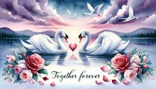 Swans In Love Forming Heart Shape On Lake With 'Together Forever' Rose Petals Watercolor