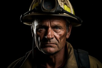 Wall Mural - Male firefighter or rescuer. Portrait with selective focus and copy space