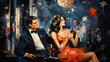 Couple at a new year’s eve party - champagne - sparkler - formal dress - ball - gown - tuxedo 