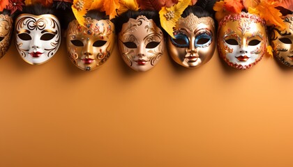 Wall Mural - happy children wearing carnival masks on vibrant background   studio shot with space for text