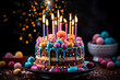 Three-tier birthday cake decorated with colorful sweets and chocolate. Generative AI.