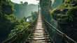 Old suspension wooden bridge in tropical mountains, perspective view of hanging vintage footbridge. Scenery of green jungle. Concept of travel, adventure, nature, fantasy