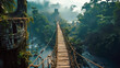Vintage wooden bridge across tropical river, old suspension footbridge, perspective view. Landscape of green jungle and water. Concept of travel, adventure, nature, fantasy