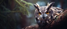 In The Majestic Forests Of Europe, An Owl Perched On A Tree Branch, Its Stunning Beauty And Natural Grace Captured In A Portrait-like Face With Piercing Eyes And A Captivating Beak, Showcasing The