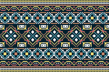 Wall Mural - Abstract ethnic pixel border pattern flower design. Aztec fabric boho mandalas India sari borders textile wallpaper. Tribal native motif African American saree border elegant embroidery vector backgro