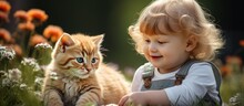 On A Sunny Summer Day, A Beautiful Baby With Cute Chubby Cheeks Sat In The Grassy Street, Captivated By The Funny Antics Of A Cute Cat. The Playful Animal's Eyes Sparkled With Mischief As It Performed
